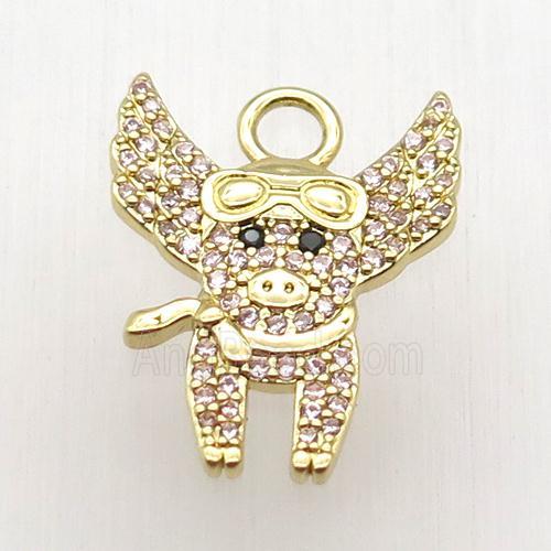 copper pig pendant paved zircon, gold plated