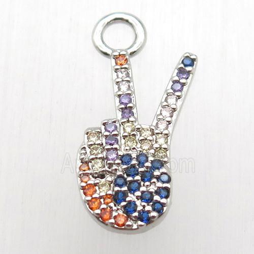 copper pendant paved zircon, win sign, platinum plated