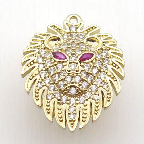 copper Lionhead pendant paved zircon, gold plated