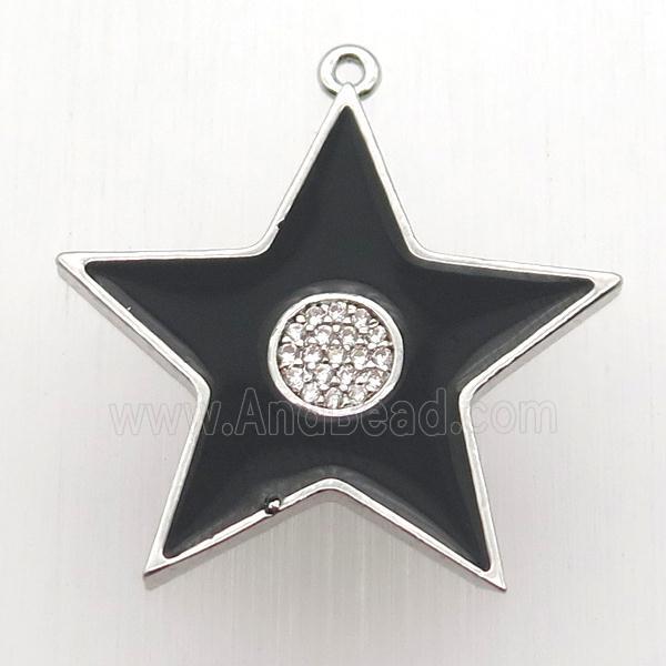 copper star pendant paved zircon, black enameling, platinum plated