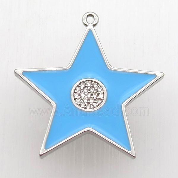 copper star pendant paved zircon, blue enameling, platinum plated