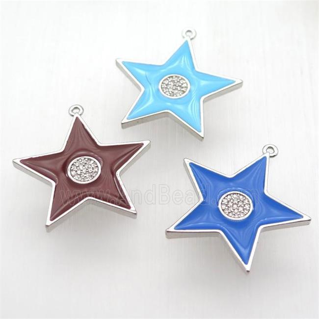 copper star pendant paved zircon, enameling, platinum plated, mixed