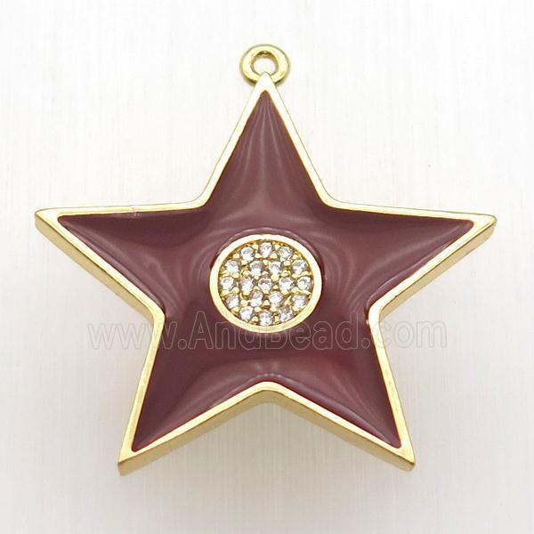 copper star pendant paved zircon, red enameling, gold plated