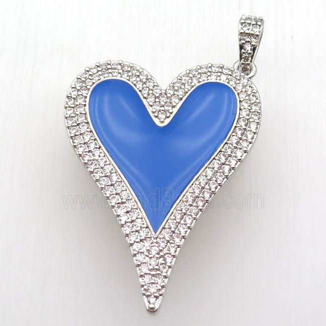 copper heart pendant paved zircon, blue enameling, platinum plated