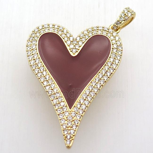 copper heart pendant paved zircon, red enameling, gold plated