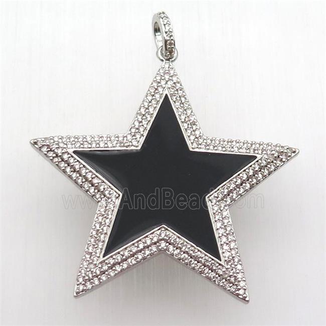 copper star pendant paved zircon, black enameling, platinum plated