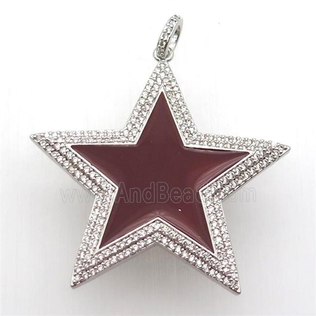 copper star pendant paved zircon, red enameling, platinum plated