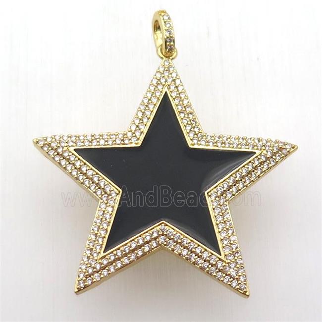 copper star pendant paved zircon, black enameling, gold plated