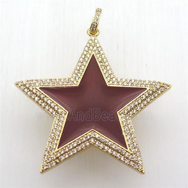 copper star pendant paved zircon, red enameling, gold plated