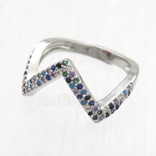 copper Ring paved zircon, resizable, platinum plated