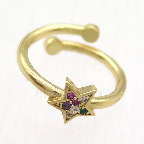 copper Ring paved zircon, resizable, star, gold plated
