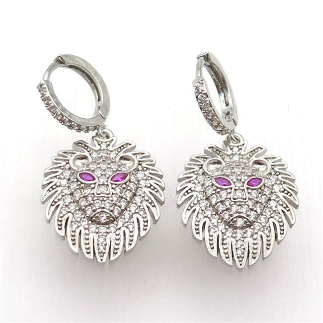 copper Hoop Earrings paved zircon, lion, platinum plated