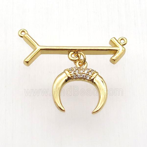 copper arrow pendant, crescent, gold plated