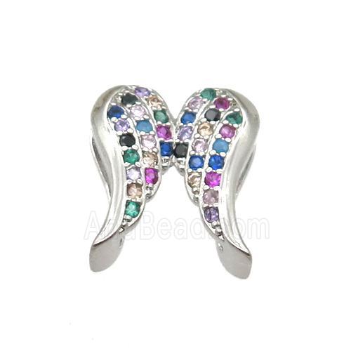 copper angel wing beads paved zircon, platinum plated