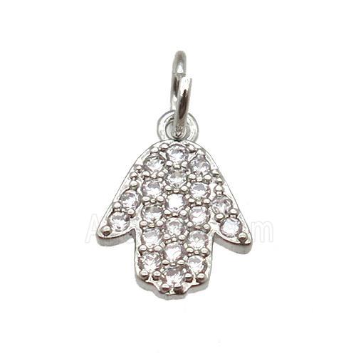 copper hamsahand pendant paved zircon, platinum plated
