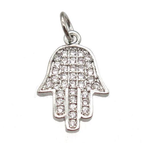 copper hamsahand pendant paved zircon, platinum plated