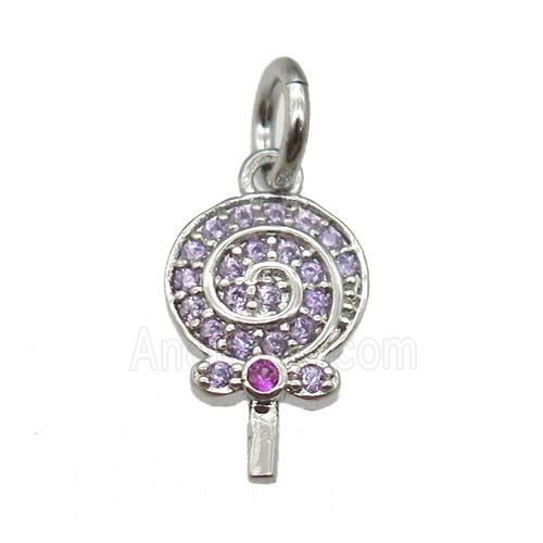 copper Lollipop pendant paved zircon, platinum plated