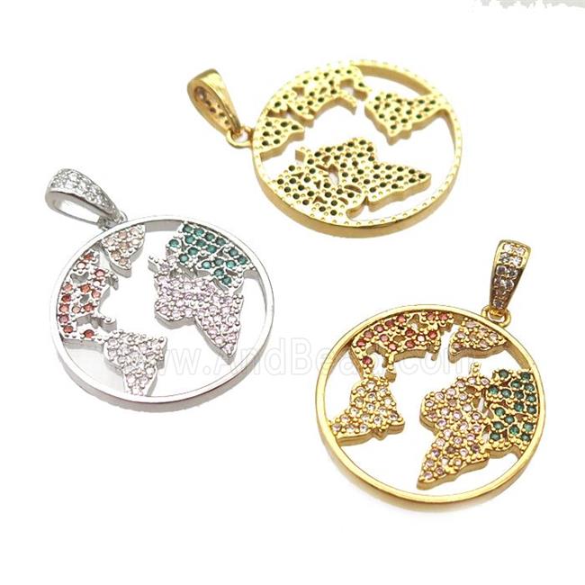 copper worlds-map pendant paved zircon, mixed color