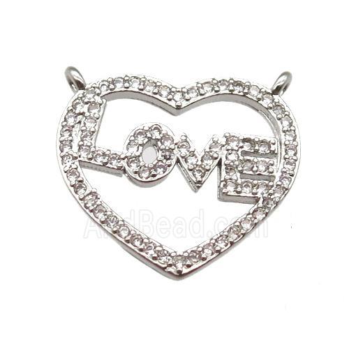 copper LOVE heart pendant paved zircon with 2loops, platinum plated