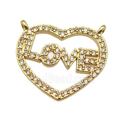 copper LOVE heart pendant paved zircon with 2loops, gold plated