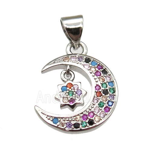 copper moon pendant pave zircon, platinum plated