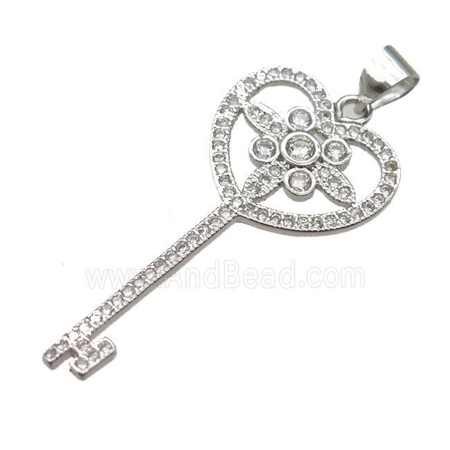 copper Key charm pendant pave zircon, platinum plated