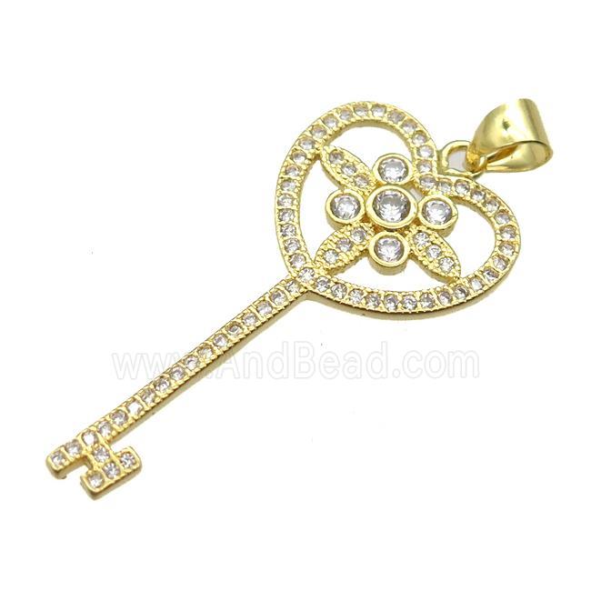 copper Key charm pendant pave zircon, gold plated