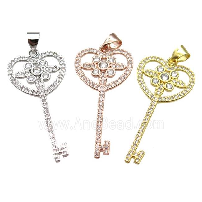 copper Key charm pendant pave zircon, mixed color
