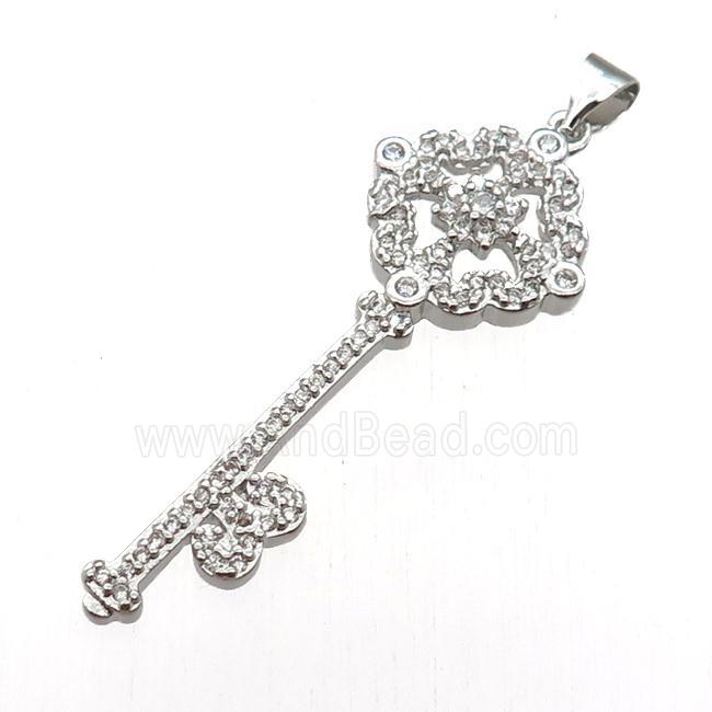 copper Key pendant pave zircon, platinum plated