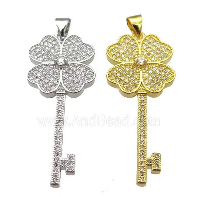 copper Key charm pendant pave zircon, mixed color