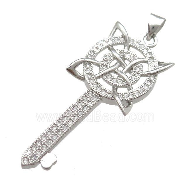 copper Key pendant pave zircon, platinum plated