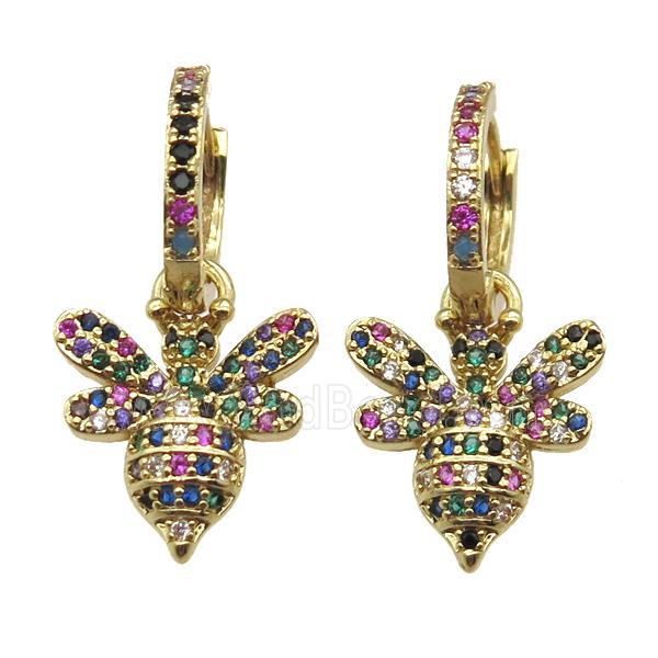 copper hoop Earring paved zircon with honeybee, gold plated