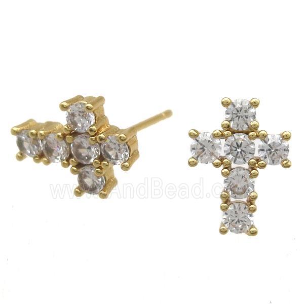 copper studs Earring paved zircon, cross, gold plated