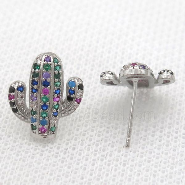 copper studs Earring paved zircon, cactus, platinum plated