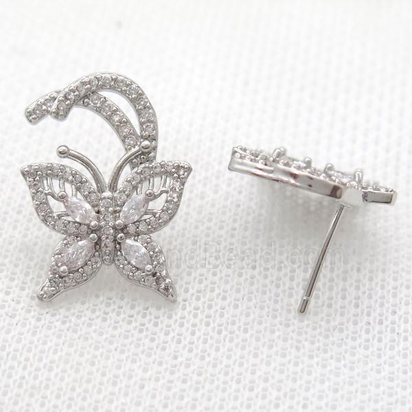 copper studs Earring paved zircon, butterfly, platinum plated