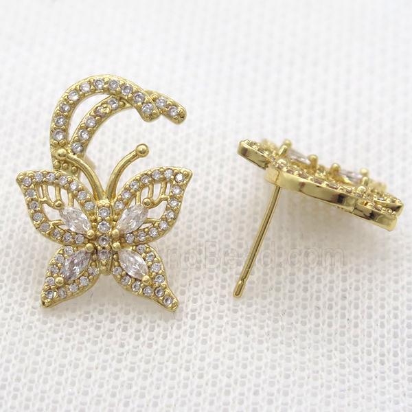 copper studs Earring paved zircon, butterfly, gold plated