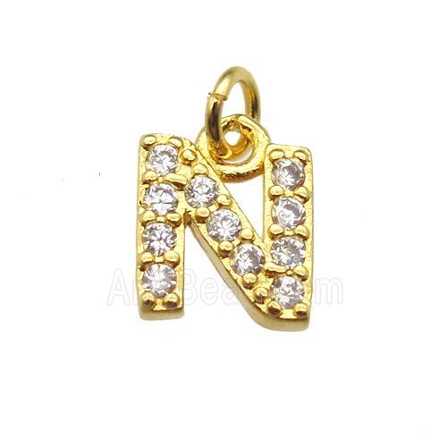 copper letter-N pendant paved zircon, gold plated
