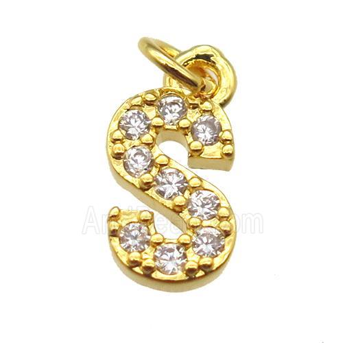 copper letter-S pendant paved zircon, gold plated