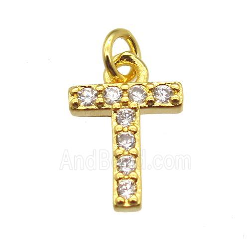 copper letter-T pendant paved zircon, gold plated