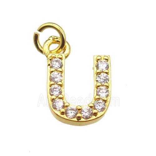 copper letter-U pendant paved zircon, gold plated