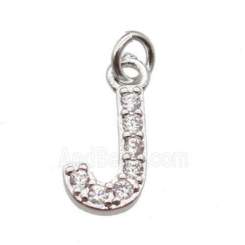 copper letter-J pendant paved zircon, platinum plated