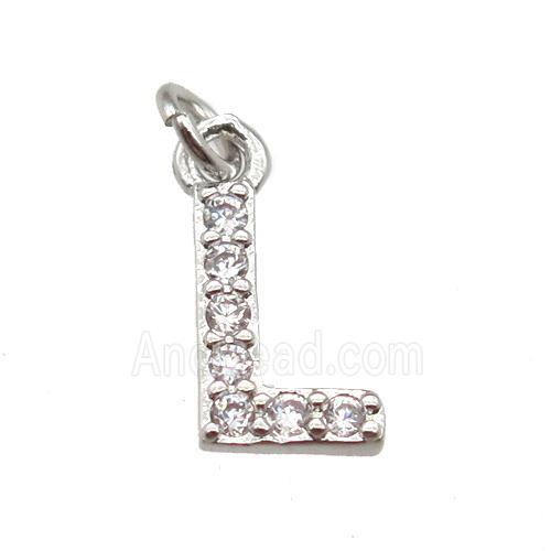 copper letter-L pendant paved zircon, platinum plated