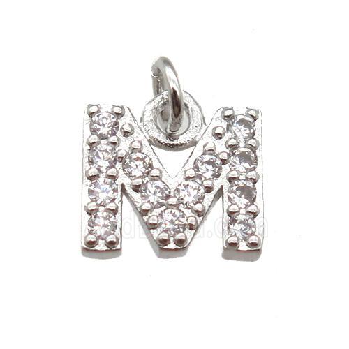 copper letter-M pendant paved zircon, platinum plated