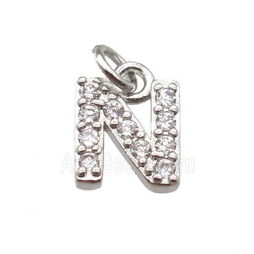 copper letter-N pendant paved zircon, platinum plated