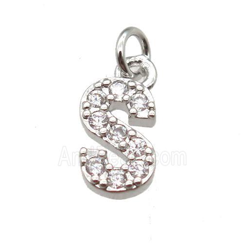copper letter-S pendant paved zircon, platinum plated