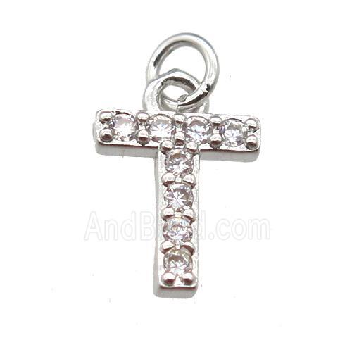 copper letter-T pendant paved zircon, platinum plated
