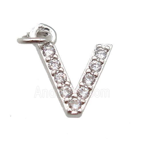 copper letter-V pendant paved zircon, platinum plated