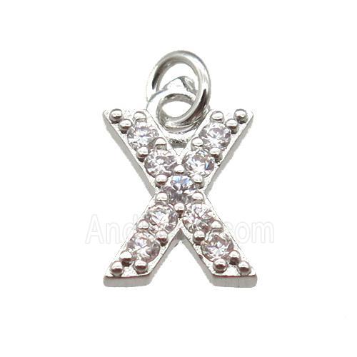 copper letter-X pendant paved zircon, platinum plated