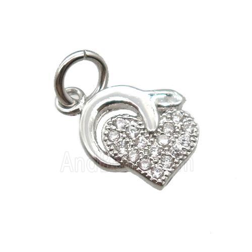 copper heart pendant paved zircon, platinum plated
