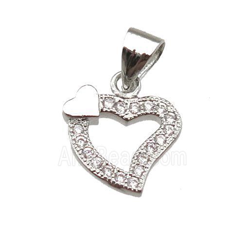 copper heart pendant paved zircon, platinum plated